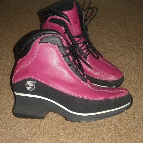 Timberland Pink Black Leather Lace-Up Boots Women's Size